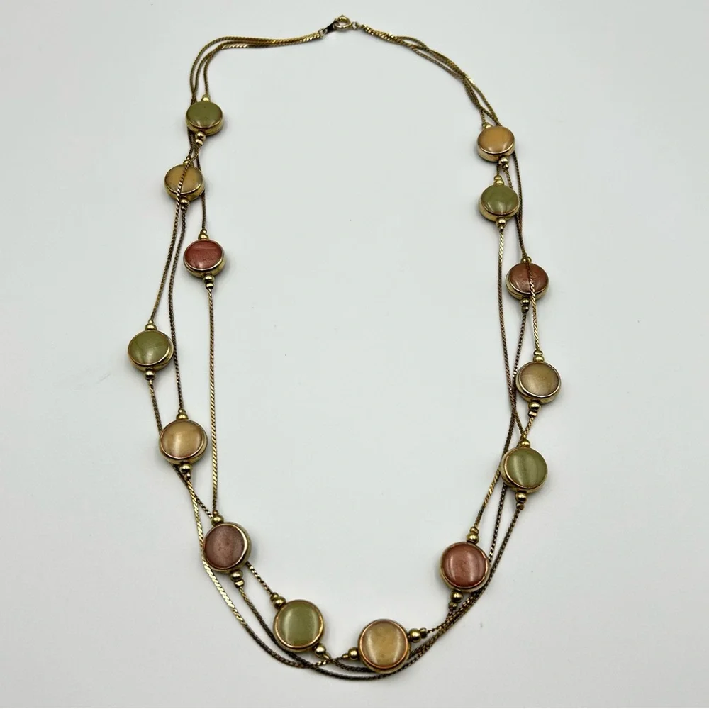Vintage Multi-Strand Goldtone Necklace Earth Tone Pearlized Colored Beads Boho